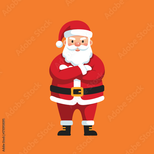 Santa Claus character wearing red suit and hat with white beard standing on orange background festive Christmas vector illustration 