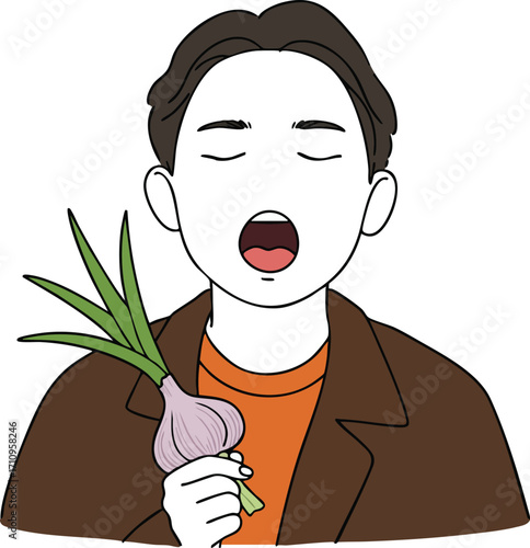 Young man holding garlic with eyes closed expressing taste or smell sensation vector illustration 