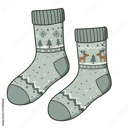 Cozy winter socks with reindeer and snowflake patterns, vector illustration on transparent background