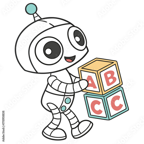 Cute robot holding alphabet blocks AB and C with a happy expression Keywords: robot, cute, cartoon