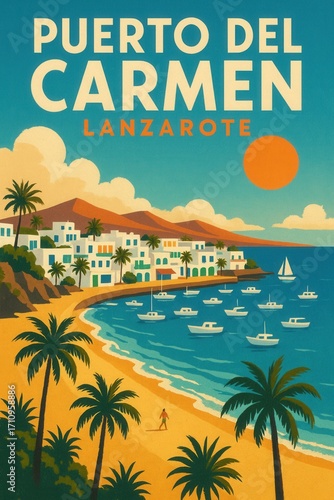 Travel poster of Puerto del Carmen Lanzarote showcasing a calm blue bay with sailboats a golden beach palm trees white buildings and distant red-tinged volcanic hills