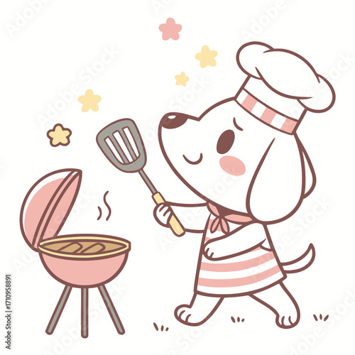 Cute white dog chef grilling sausages on a barbecue with chef hat and apron Keywords: dog, chef, grilling