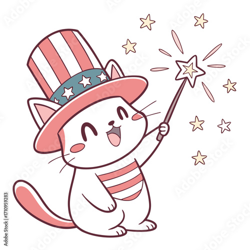 Happy cat in Uncle Sam hat with sparkler and exploding stars kitten animal