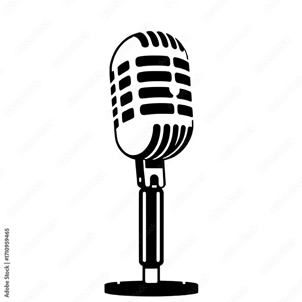Fototapeta premium Retro Microphone Icon: Single, Solid Black, Vintage Style on White Background