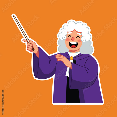 Cartoon judge character with wig and purple robe holding wooden gavel stick vector illustration on orange background 