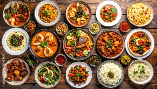 Cuisine dishes different cultures arranged overhead perspective view, food backgrounds table filled large variety international