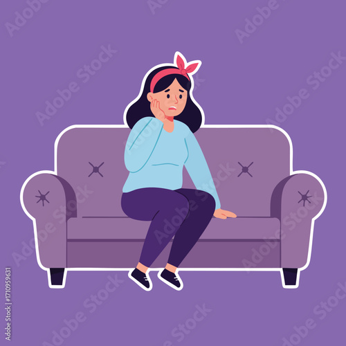 Worried woman sitting on purple sofa with hand on cheek anxious expression vector illustration 
