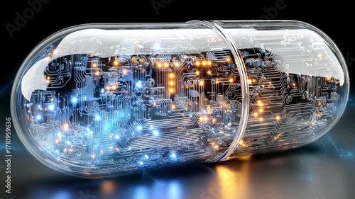 Futuristic digital medicine capsule with electronic circuits and glowing lights
