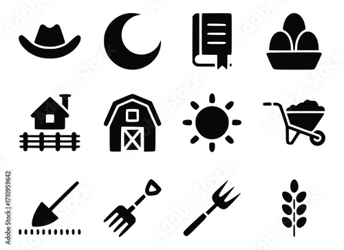 Collection of Farm and Rural Icons Cowboy Hat, Moon, Book, Eggs, Barn, Sun, Wheelbarrow, Shovel, Pitchfork, Wheat