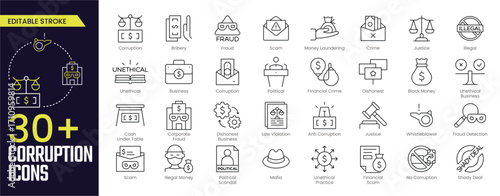 Corruption Stroke icon collections. Containing Bribery, Fraud, Scam, Crime, Anti Corruption, Dishonest, Black Money, and Law Violation icons. Editable Stroke icon collection Outline icon