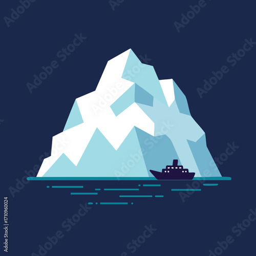 Large iceberg floating on dark blue sea with small ship near edge vector illustration in flat style 