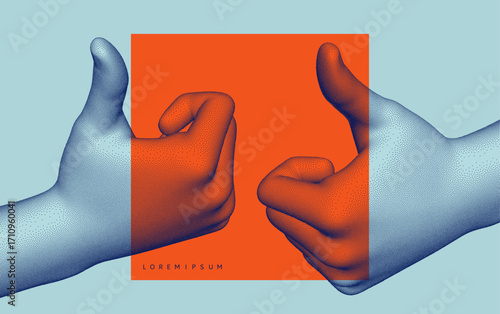 Two hands with thumbs up. Sign success and nice. Concept positive thinking. 3D vector illustration for banner, flyer, poster, cover or brochure.