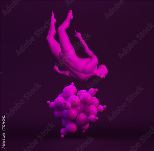 Man falls down from a height. Jumping man. 3d molecular structure. Molecule. Sphere. Illustration for science, education or medicine. Vector for brochure, poster, cover, card, presentation or flyer.