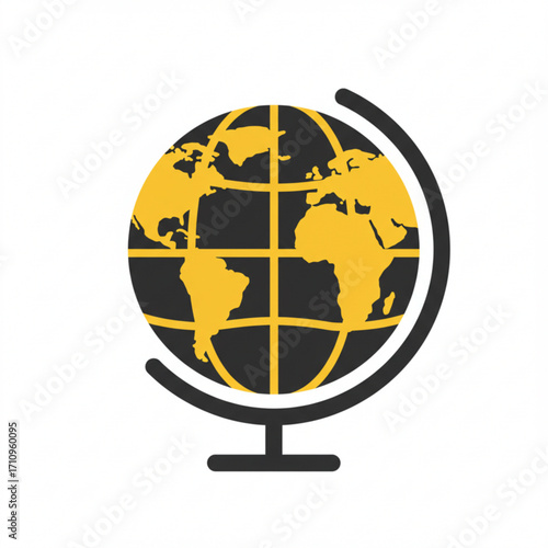 Illustration of stylized globe icon with yellow continents on black grid
