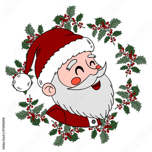 Festive Christmas wreath decorated with Santa Claus, ribbons, and ornaments. Traditional New Year decoration full of joy and celebration