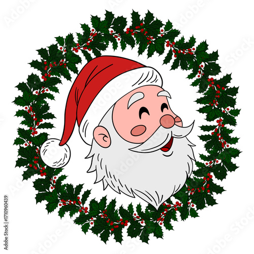 Festive Christmas wreath decorated with Santa Claus, ribbons, and ornaments. Traditional New Year decoration full of joy and celebration