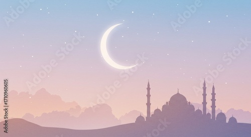Mosque silhouette with crescent moon under pastel sky at dusk  