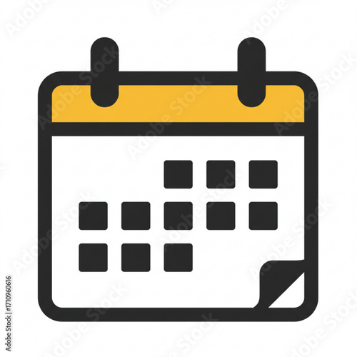 Illustration of calendar icon with a yellow header and black squares representing dates