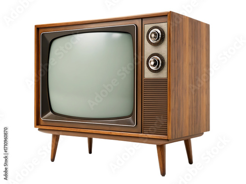 Isolated vintage television set with wood cabinet and knobs on a transparent background for design use