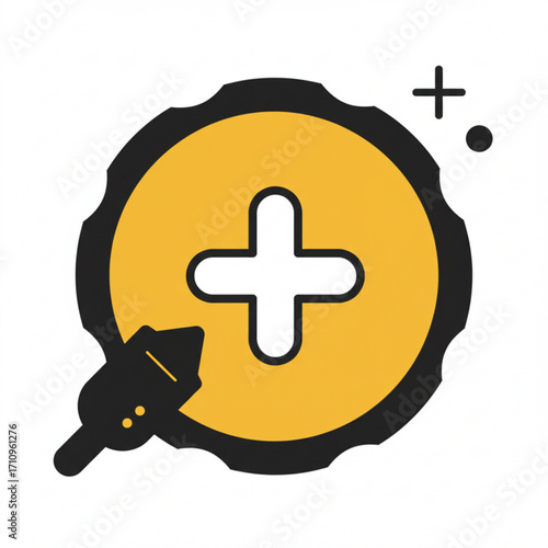 Illustration of a black brush icon adding a white plus sign to a yellow circle