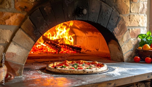 Authentic Neapolitan style pizza preparation, traditional woodfired pizza oven reaching optimal temperature