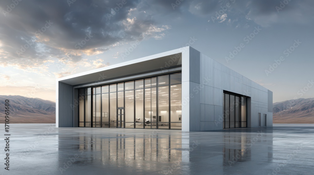 Fototapeta premium Modern Industrial Architecture: A sleek, contemporary industrial building, bathed in natural light, standing under a dramatic sky, symbolizing innovation and progress.