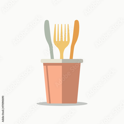 disposable plastic cutlery set in container on light background