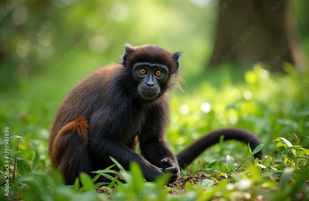 Fototapeta premium Black monkey with bright orange eyes sits on green forest floor. Wild primate looks straight ahead in natural habitat. Young animal in jungle. Curious, alert gaze shows smart nature. Sun shines