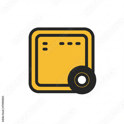 Illustration of yellow square icon with a black circle and white dot inside