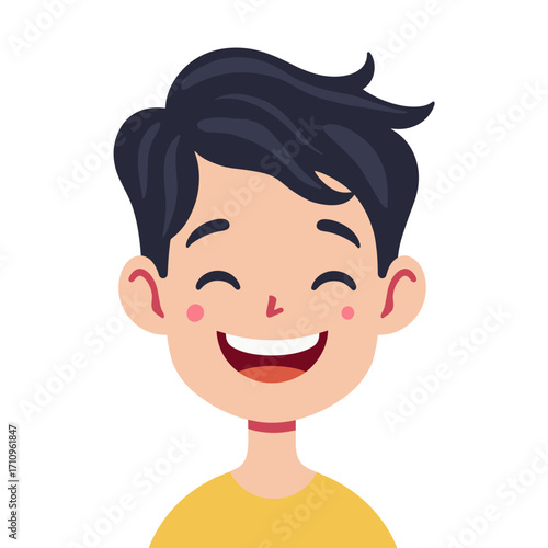 friendly boy smiling widely with closed eyes on light background