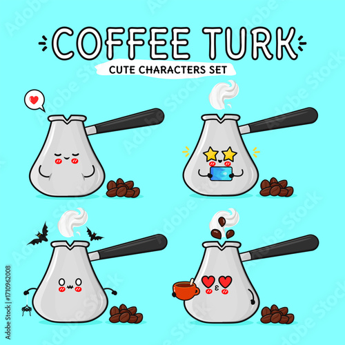Cute coffee turk characters set illustration