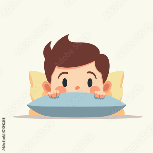 Teen hiding face behind a pillow in a cozy bedroom setting
