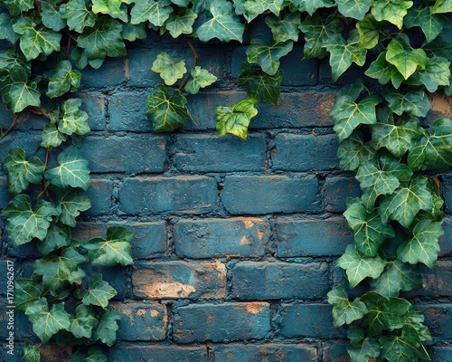Ivy draped over a teal brick wall