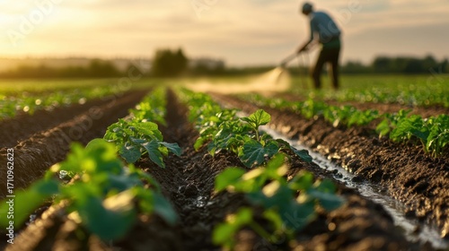 Farmer using drip irrigation on vegetable field representing sustainable agriculture water conservation eco farming practices and authentic rural environment resource management