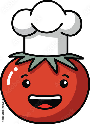 Cute tomato character wearing chef hat smiling happily in cartoon style vector illustration 