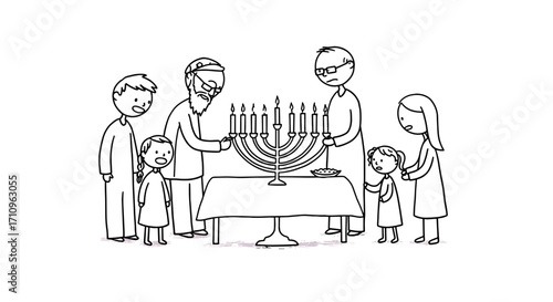 Family celebrating Hanukkah by lighting the menorah together  