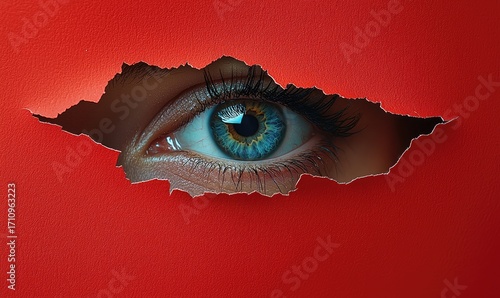 A close-up of a blue eye peeking through a ripped red paper