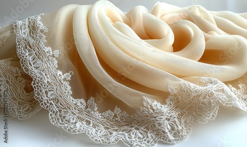 Creamy silk scarf with delicate lace trim