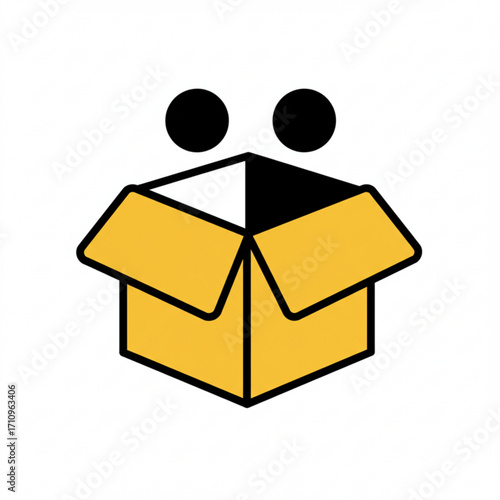 Illustration of open cardboard box with two black dots above it
