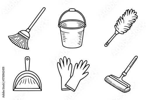 Collection of Hand-Drawn Cleaning Supplies Broom, Dustpan, Bucket, Duster, Gloves, Mop