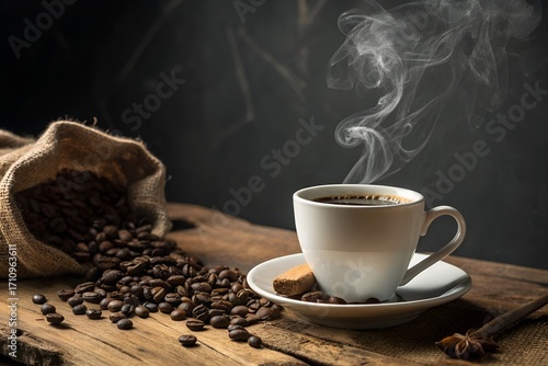 Aromatic hot coffee steaming in a white cup on a rustic wooden table with a burlap sack of overflowing roasted beans and star anise spice.
