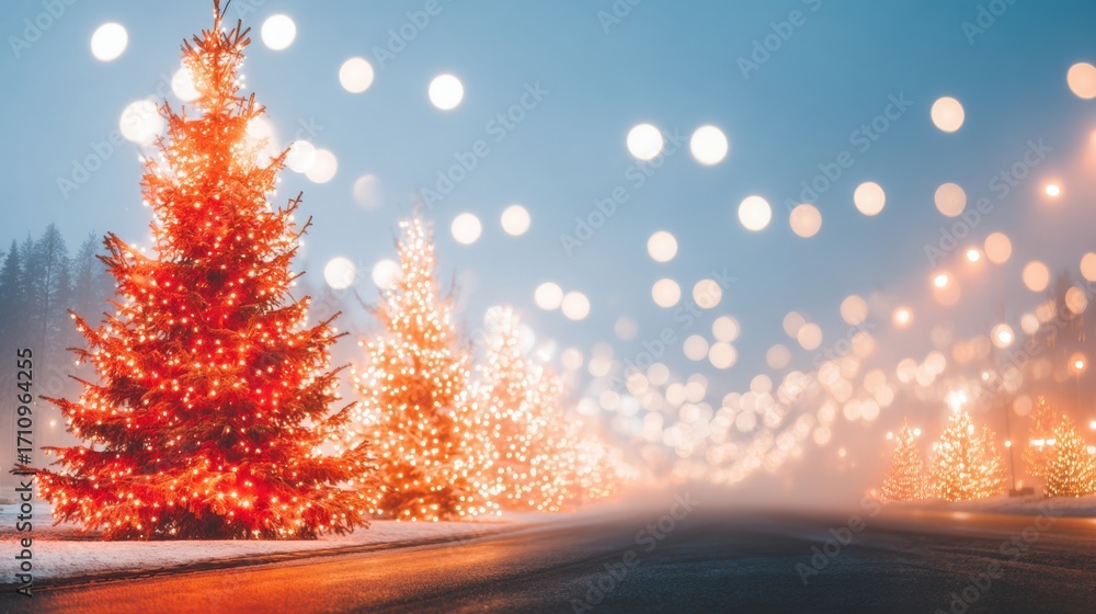 Naklejka premium Colorful lighted trees brighten a snowy path during the winter season