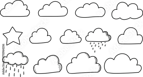 Hand drawn cloud and weather icons set perfect for design on transparent background