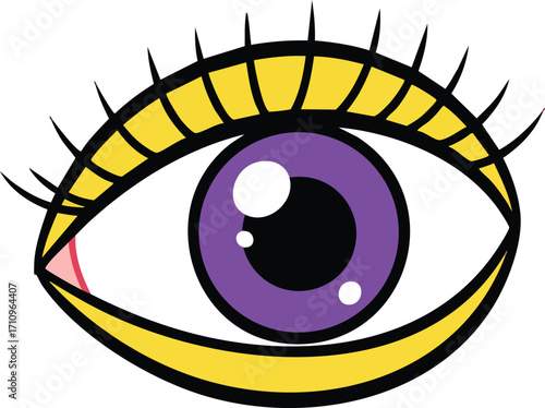 Human eye with purple iris and yellow eyelid makeup vector illustration in simple design style 