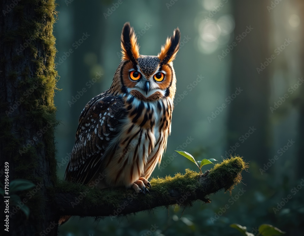 Obraz premium A detailed photo of an owl perched on a tree branch. The owl has bright orange eyes and intricate feather patterns. It sits in the green forest. Nature and wildlife.