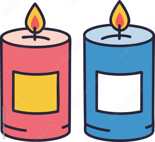 Two burning scented candles with red and blue colors in simple style vector illustration 