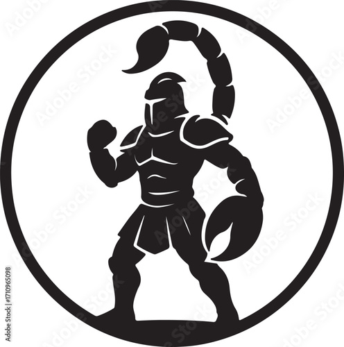 Desert Scorpion Gladiator Silhouette Mascot Logo with Armor and Stinger for Combat and Strong Branding