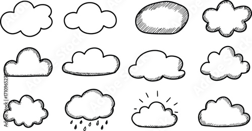 Collection of hand drawn clouds with various styles on transparent background