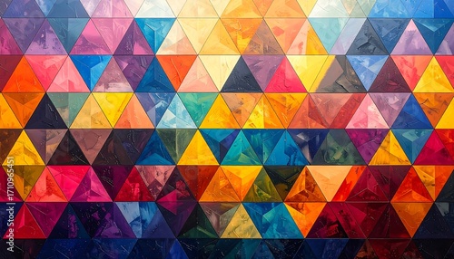 Vibrant geometric pattern of many colorful triangles creates a bold and dynamic visual effect.
