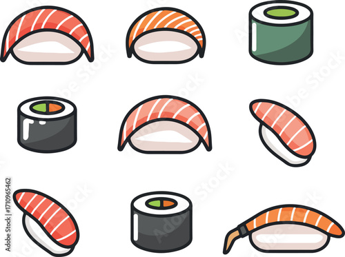 set of simple drawn sushi rolls vector design